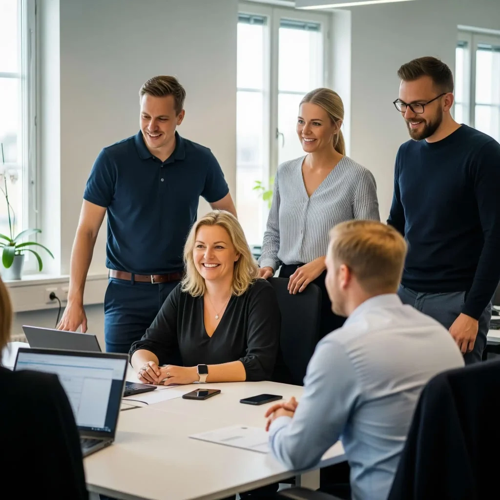 Medarbetare på kontor som samarbetar kring löneoutsourcing